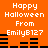 Orange background with white pixelated text reading "Happy Halloween From EmilyB127" and black horizontal bars in two configurations.