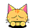 Pixel art cat icon with closed eyes and pink ears in two animation frames showing slight pose differences.