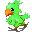 A 4-frame pixel art animation of a green cartoon bird with an orange beak and brown feet, displayed in a 2x2 contact sheet on a gray background.