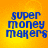 Four identical display blue pixelated text 'super money makers' on a yellow-orange gradient background