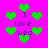 Pixelated green hearts and purple text on a bright pink background, with repeated 'I love wea' text and heart shapes in a pattern