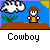 Pixel art cowboy character in yellow vest and brown hat stands on brown ground with green plants under blue sky, with white cloud and 'YEEHAW' text in one frame.