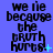 Blue background with repeated black text "we lie because the bruth hurts." and small cyan symbols changing across frames.