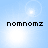 Four identical display 'nomnomz' text over a light blue background with bright white lens flares, each showing a different lens flare position