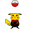 Pixel art Pikachu in black and red attire with a Poké Ball above, displayed in a of nine variations showing different poses and Poké Ball positions