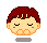 Pixel art character with reddish-brown hair, closed eyes, and pink cheeks in one state; open eyes, purple mouth, red hearts above head, and raised hands in another.