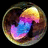 Circular pixelated icon with gradient colors including yellow, orange, pink, purple, and blue forming a swirling pattern inside a dark brown ring on black background.