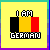 Pixelated graphic with yellow background, black-yellow-red vertical stripes, and white text reading "I AM GERMAN" in blocky font.