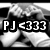 Black-and-white pixelated image with bold white text "PJ <333" overlaid on a blurred background of indistinct shapes.