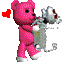 Pink pixelated teddy bear holding silver robot with red heart, in six sequential poses showing walking and turning movements.