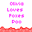 Pixelated text reads "Olivia Loves Foxes Poo" in pink on white, with red jagged borders at top and bottom, and a gray section on the right.