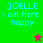 Pixelated text displays 'JOELLE i am here happy' across four colored with star symbols in two corners