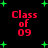 Red pixelated text "Class of 09" appears four times on a black background with scattered green plus signs.