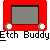 Red-bordered square frame with gray interior showing a small white figure with black eyes and a dark gray shape, repeated in a with text below each frame