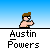 Pixel art buddy icon set featuring Austin Powers character in multiple poses with speech bubbles containing text like 'MMM...', 'HAIRY LIKE.', 'LIKE...', 'ANIMAL!!!', and 'OHBEHAVE!!!' against blue and gray backgrounds.