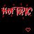 Animated contact sheet of four frames showing red pixelated text "HOT TOPIC" with dynamic particle effects and heart symbols on black background.