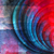 Abstract pixelated composition with curved cyan and blue shapes against a gradient background of red, purple, and gray tones.
