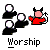 Pixel art shows three black figures with white circular heads bowing toward a red figure with pink face, horns, and tail holding a cross.