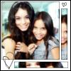 Two people with long dark hair pose closely together, one with an arm around the other, both smiling in a static image with heart symbols in corners.