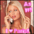 Animated contact sheet showing two frames of a pixelated image featuring a blonde woman holding a phone, with pink text overlays and heart symbols.