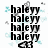 Four stacked rows of black pixelated text reading 'haleyy' with light blue and gray pixel clusters scattered around the edges on a white background.