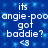 Blue background with repeating light blue pixelated patterns, white text reading "its angie-poo got baddie?" and a white '<3' symbol below.