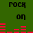 Green background with black text 'ROCK on' repeated twice, red horizontal bars forming a dynamic audio visualizer pattern.