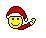 Pixelated yellow smiley face wearing red Santa hat with white trim, holding candy cane in left hand against gray background.