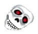 Two side-by-side skull icons with white bone texture, black eye sockets, and red glowing eyes on the left icon only.