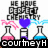 Pixelated image with text 'HE HAVE DEEPER CHEMISTRY' above three beakers and a heart, and 'courtney' below.