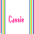 Pixelated heart icons and 'Cassie' text appear in two states with vertical rainbow stripes on white backgrounds.