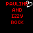 Red pixelated text on black background reads 'PAULINE AND IZZY ROCK' with a white heart symbol replacing the letter E in PAULINE.