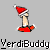 Pixelated character in red Santa hat and red shirt with white trim, seated, head tilted left, static pose with subtle animation changes across frames.