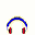 Pixelated icon set showing blue headphones with red ear cups and four musical note variations in purple, green, pink, and cyan.