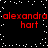 Black background with white pixelated dots and red text reading "alexandra hart" in two , repeated twice in a pattern
