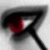 A pixelated close-up of a dark, curved shape with red and white highlights against a gray background.