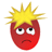 Red oval-shaped face with yellow spiky hair, downturned mouth, and wide eyes on a gray background.