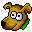 Pixelated cartoon dog head with brown fur, green collar, and white eyes with black pupils, shown in multiple expressions across a