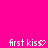 A bright pink background displays multiple 'first kiss' text variations with heart and punctuation symbols in white pixelated font.