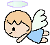 Pixel art contact sheet of two animated angel icons with blonde hair, white wings, blue dresses, and halos on gray background.