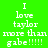 Green background with white text reading "I love taylor more than gabe!!!!!" and blue rectangular blocks highlighting different words across three