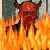 Animated sequence of a red horned figure with black limbs standing in orange flames against a gray background.