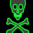 Green pixelated skull with dark eye sockets and nasal cavity above crossed bones on black background.