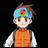 Pixel art character icon with blue headband and orange vest next to stylized text on black background