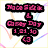 Pixelated pink text on black shapes arranged in a vertical layout with a white background and faint pastel streaks.