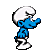 Pixelated blue cartoon character with white hat and pants in multiple walking poses on gray background.