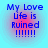 Four identical pixelated icons display blue text reading "My Love Life is Ruined !!!!!!!" on a pink-to-blue gradient background with a light blue border.