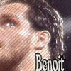 Close-up of a person's face with dark hair and blue eyes, featuring diagonal striped lighting effects and the text 'Benoit' in white font at the bottom right.