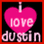 A 2x2 contact sheet of four animated frames featuring pink heart icons with "i love dustin" text and a pixelated portrait of a person in the bottom-right frame.