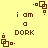 Pixelated brown text and shapes on yellow background with repeated 'i am a DORK' text and square-dot patterns.